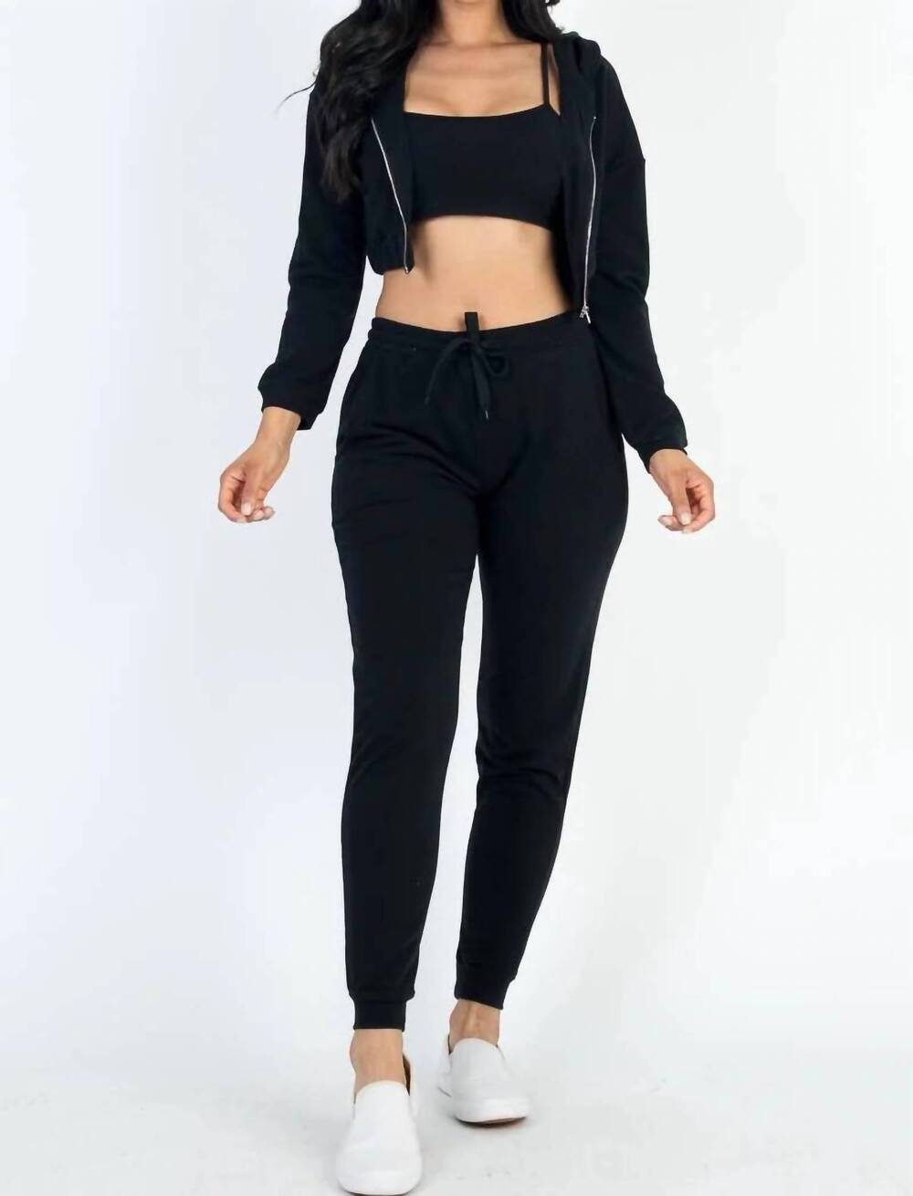 NEW CAPELLA cropped cami with zip-up hoodie and joggers set in black